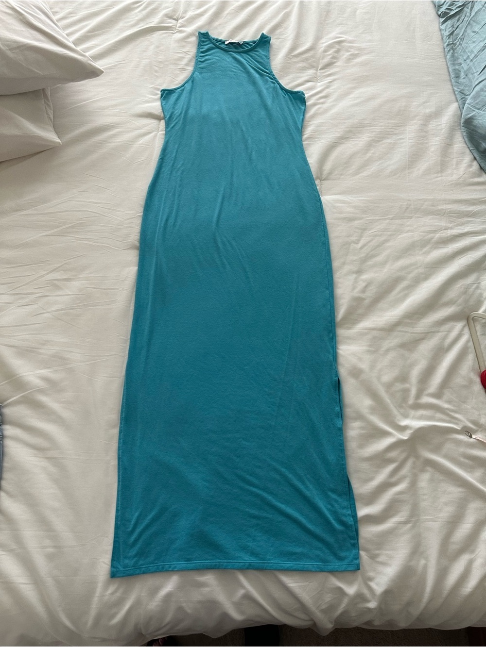 Sleeveless Teal Maxi Dress - Fitted Tank Style - Picture 3 of 7